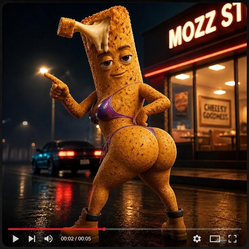 Animated anthropomorphic cheese character dancing outside a brightly lit fast-food restaurant at night