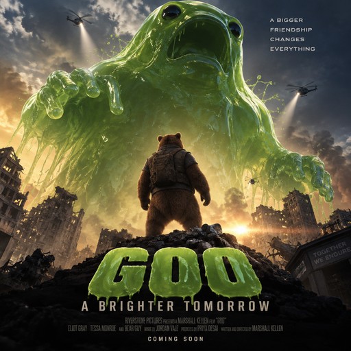 A person faces a giant green monster over a ruined city, cinematic poster style, with bold text.