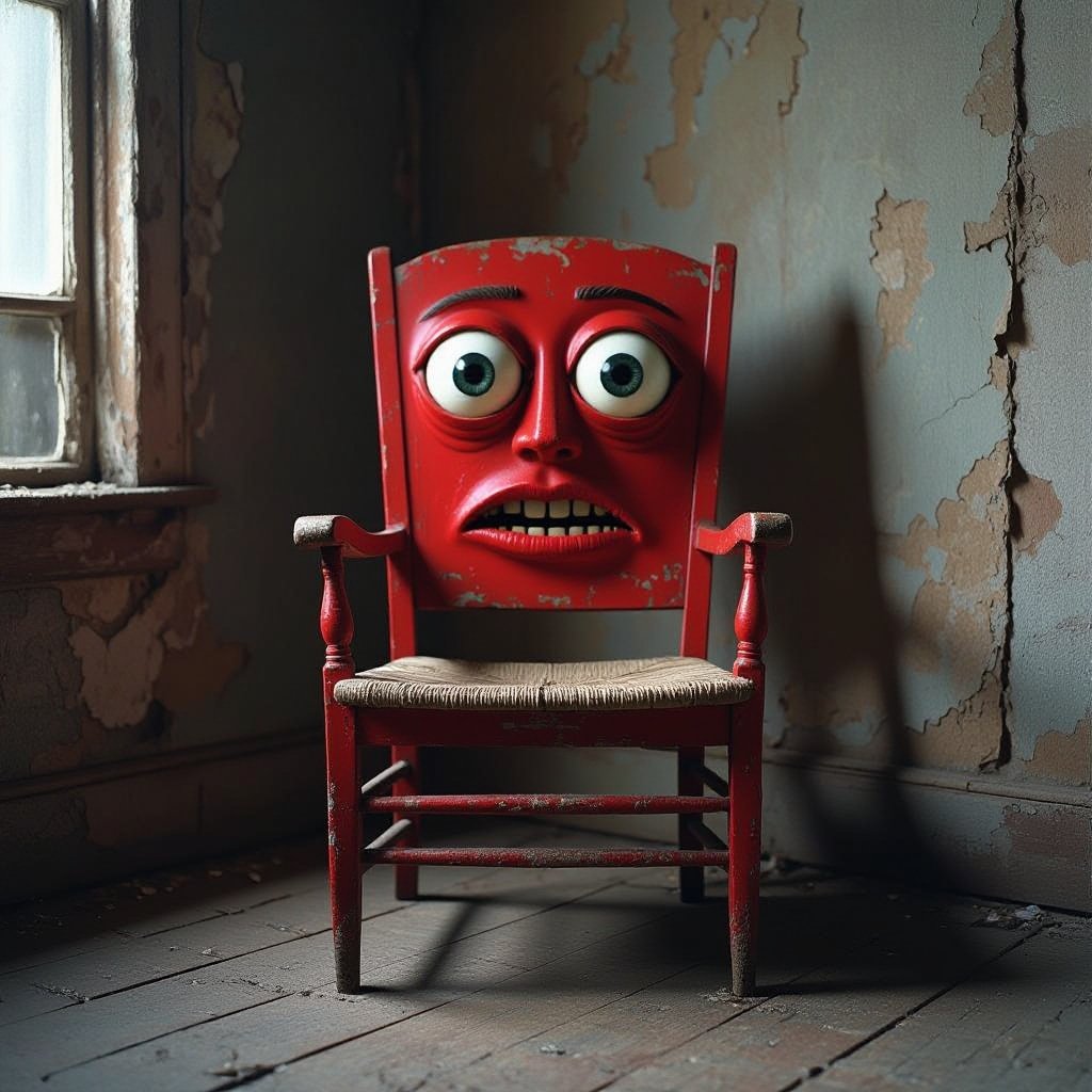 A red chair with eyes and mouth in the darkness