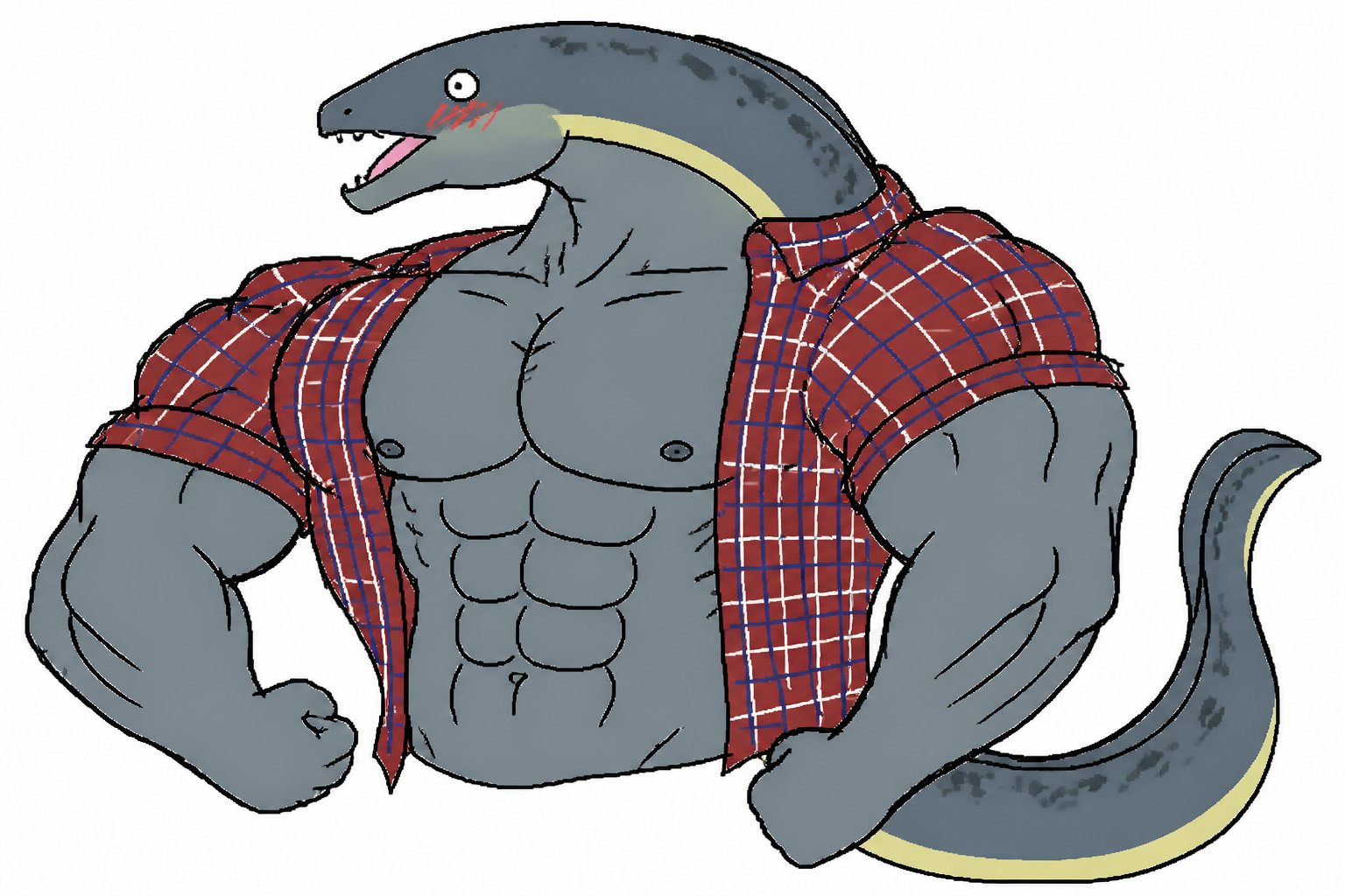 Cartoon muscular reptilian character wearing a red plaid vest.