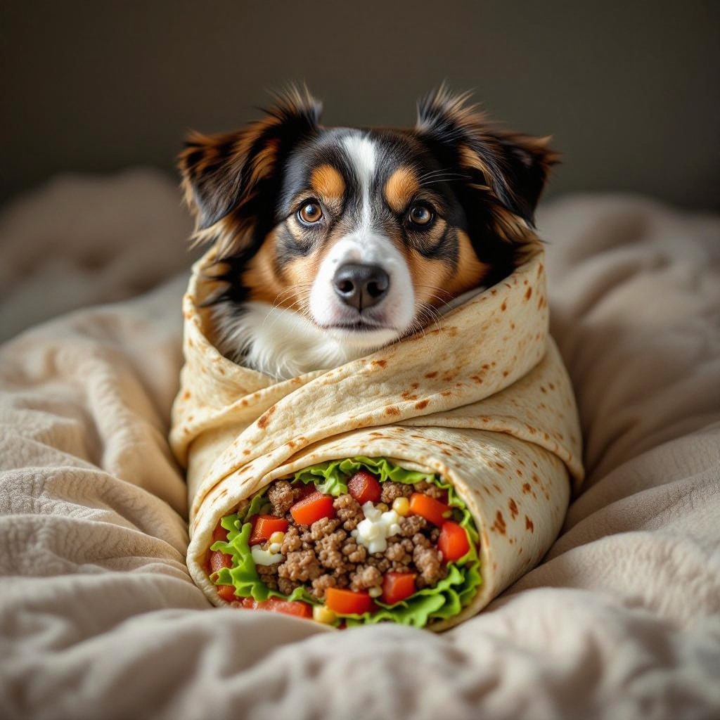 Um cachorro enrolado em um burrito
