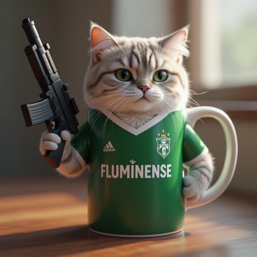 Uma caneca com blusa do fluminense e uma arma na mão