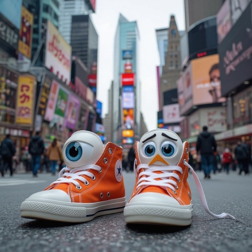 Shoes with 2 leg wear shoes 2 big eye nose with sad mouth in city