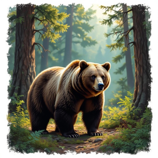 Grizlly bear mixed with radio belly in forest