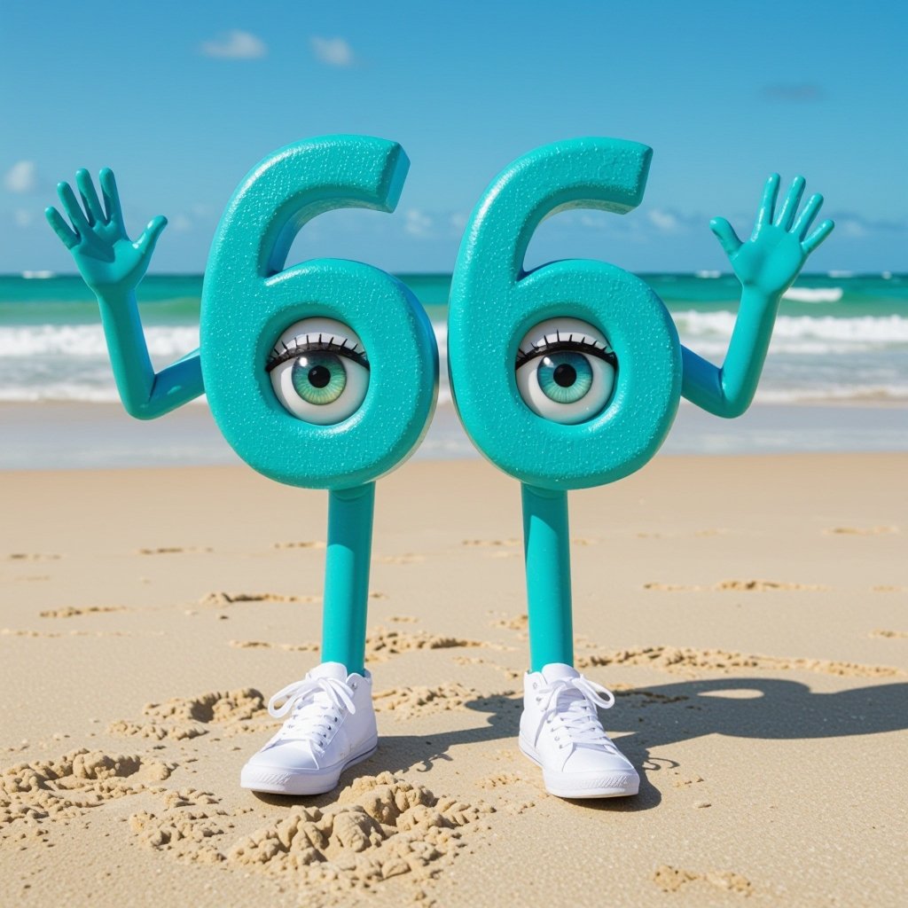 Cyan number 666 with 2 human eye ball 2 cyan arm 2 cyan leg wear white shoes in beach