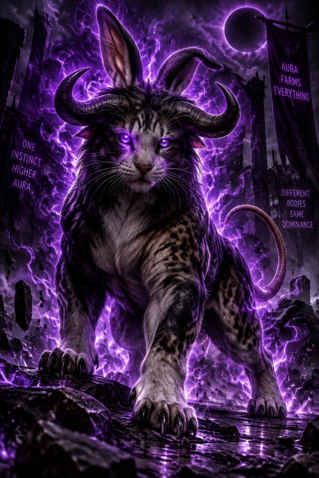 A horned cat surrounded by glowing purple flames in a dark fantasy scene.