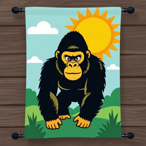 黄色いゴリラと太陽が描かれた緑色の背景の旗