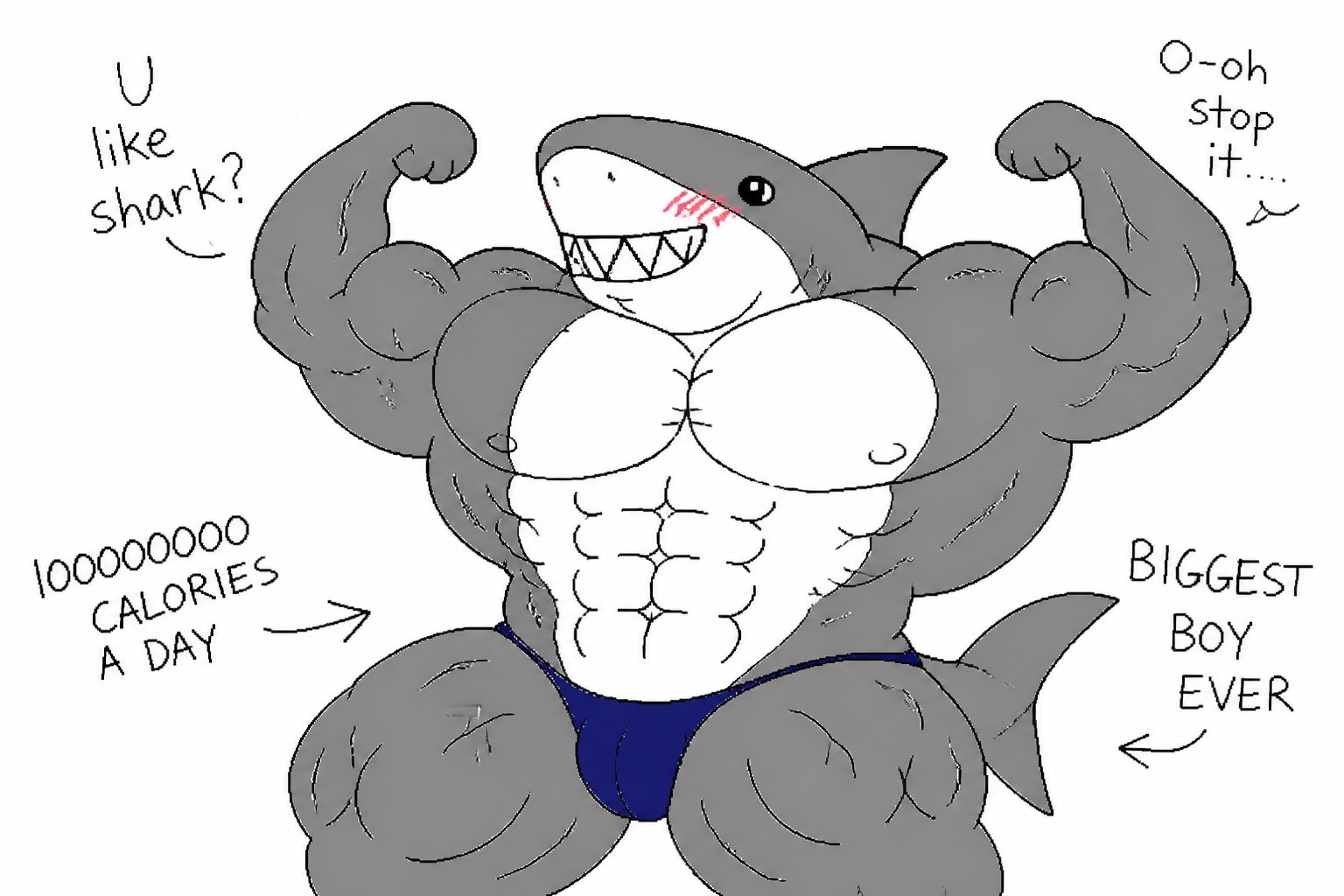 Cartoon shark-person flexing muscles with speech bubbles and handwritten annotations.