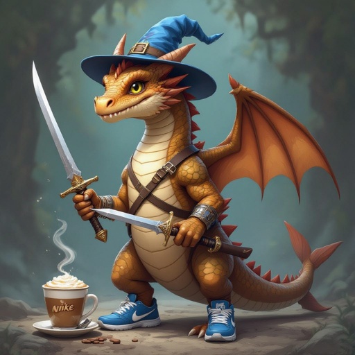 Un drago con il corpo di un cappuccino, le spade nelle mani la coda di uno squalo Lea scarpe Nike blu e il cappello da mago