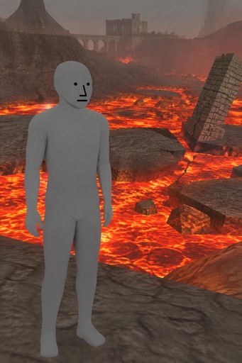 Gray 3D figure standing beside glowing lava in a rocky landscape