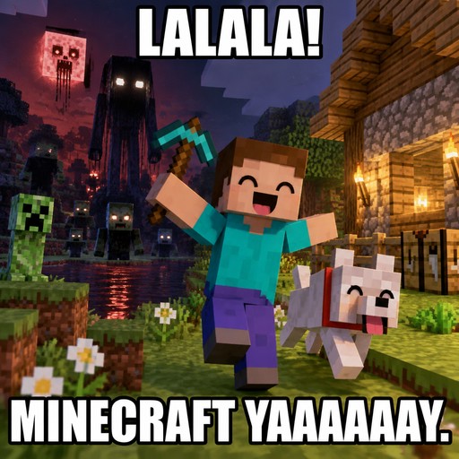 Pixelated Minecraft characters dance near a house under colorful text.