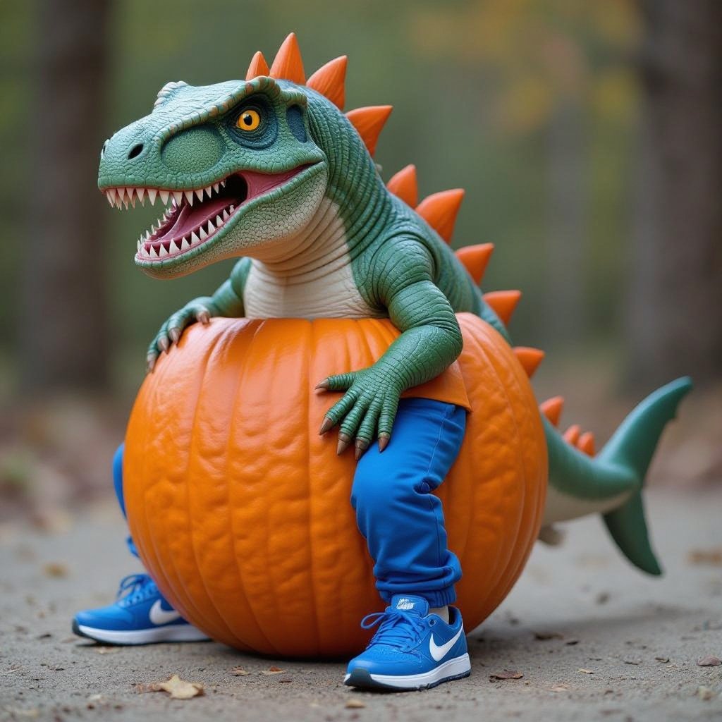 Una zucca con la testa di dinosauro, la coda di uno squalo pantaloni blu e scarpe Nike blu