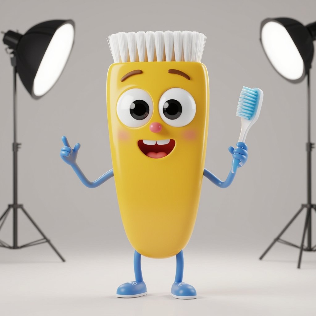 A toothbrush with eyes, mouth, floppy nose, legs, and arms