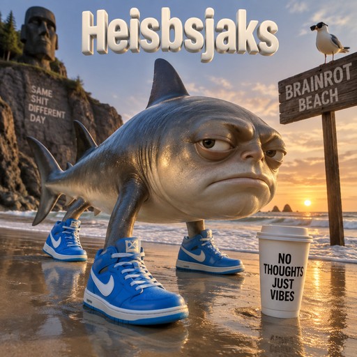 Anthropomorphic shark wearing blue sneakers near a beach sign at sunset.
