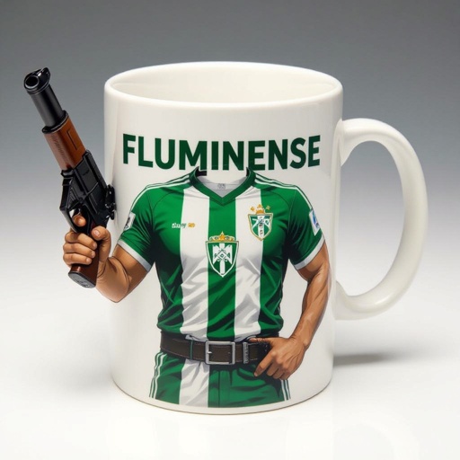 Uma caneca com blusa do fluminense e uma arma na mão
