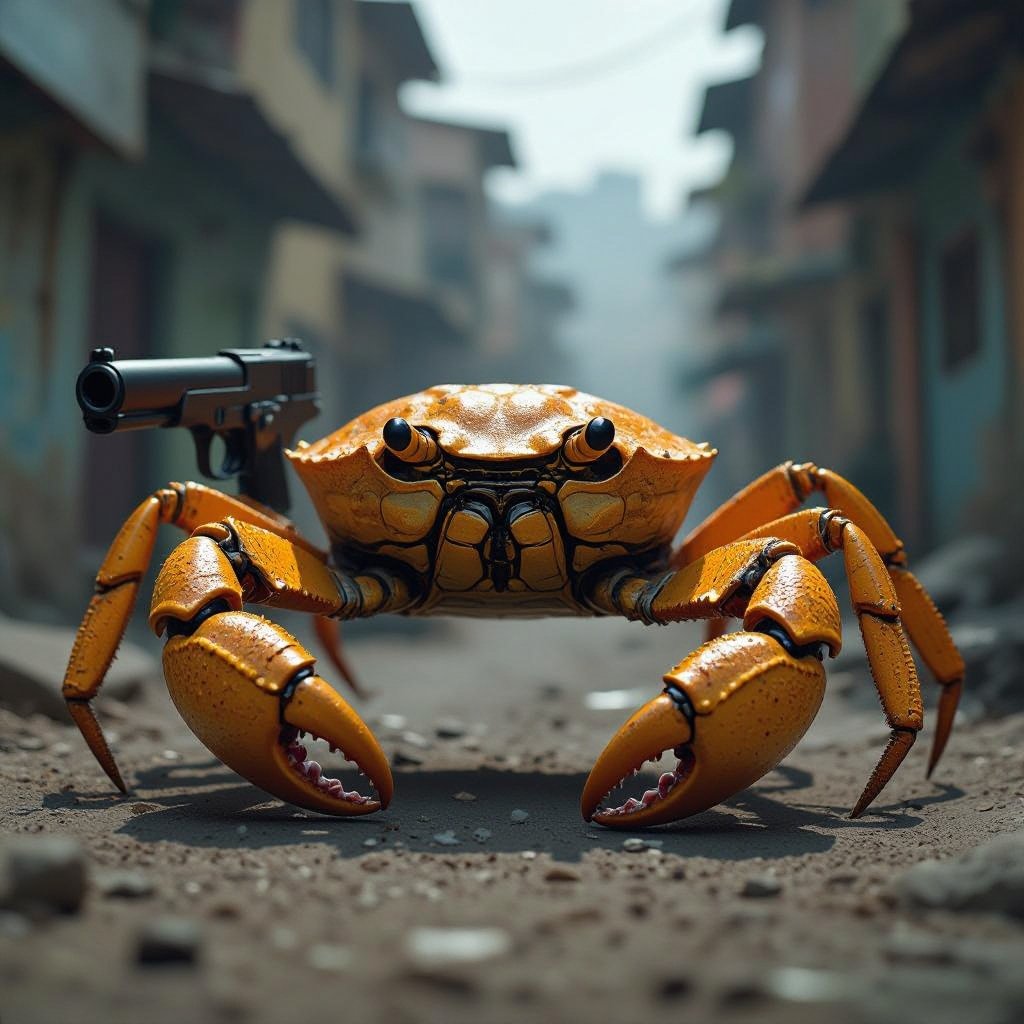 Um caranguejo dourado com uma arma na favela