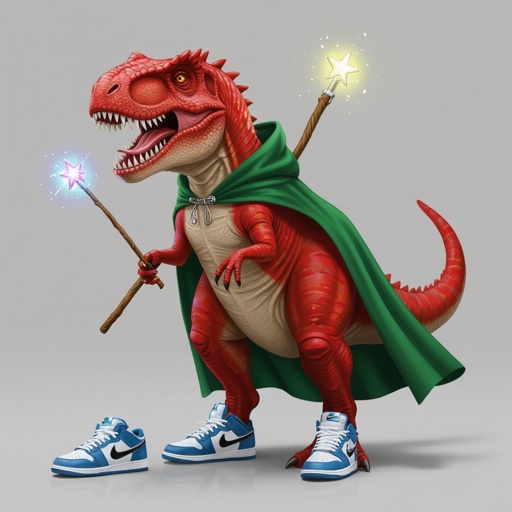 T-rex rosso con la coda di uno squalo con tre scarpe Nike e un bastone magico mantello verde