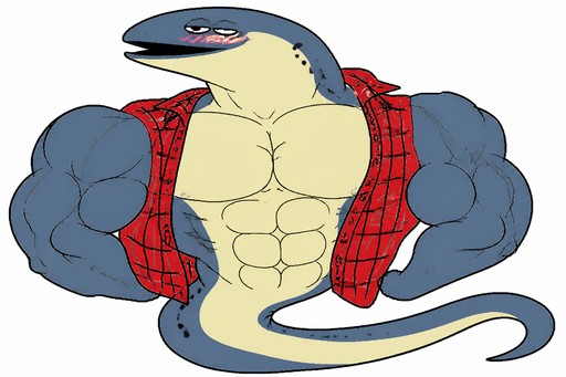 Cartoon blue-gray muscular creature wearing a red plaid vest.