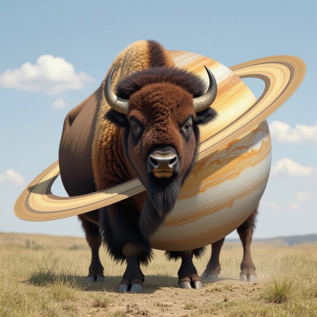 Un bisonte con il corpo di Saturno e i piedi da umano