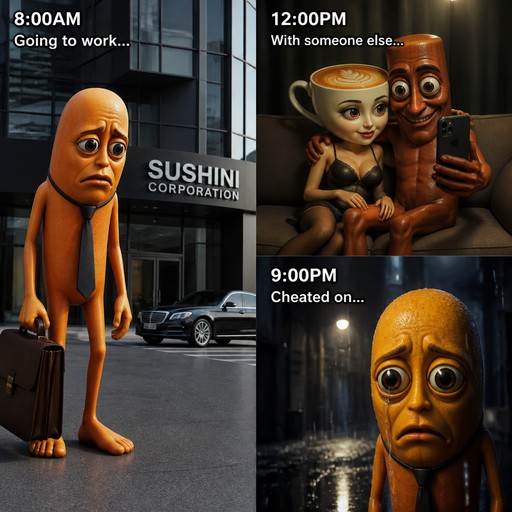 Cartoon character shown commuting, dining, and standing outside across a daily schedule.