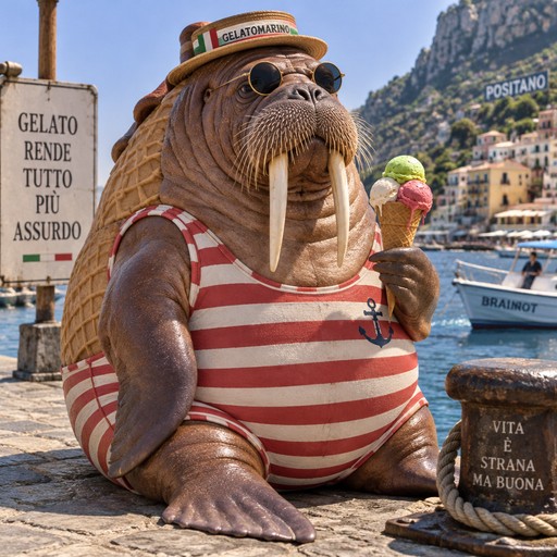 A walrus in striped clothing holds an ice cream cone beside Italian seaside signs.