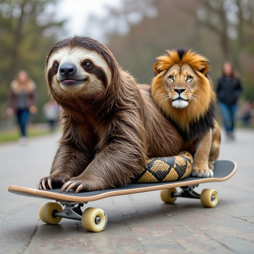 Half sloth half snake half lion on a skate