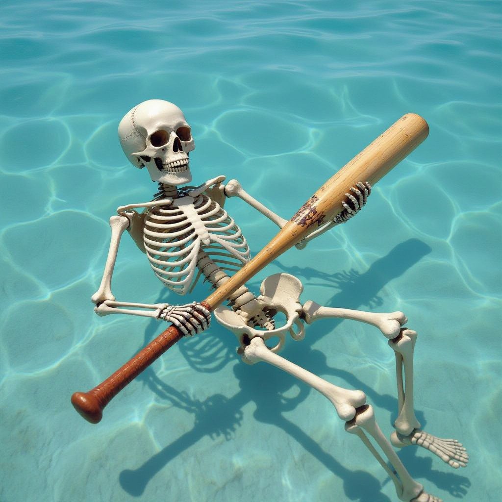 Skeleton with broken baseball bat in ocean