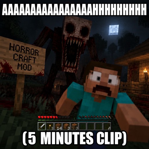 Pixelated horror game scene with a blocky character and monster, dark colors, and bold text overlay.