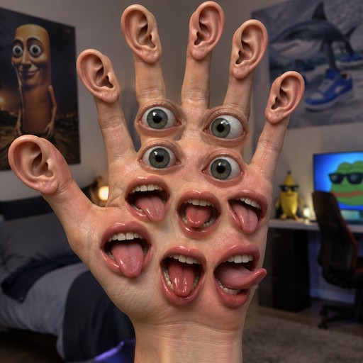 Surreal 3D meme of a hand covered in faces and ears in a bedroom