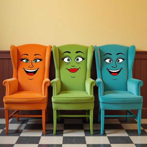 Three chairs with faces next to each other green