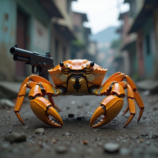 Um caranguejo dourado com uma arma na favela