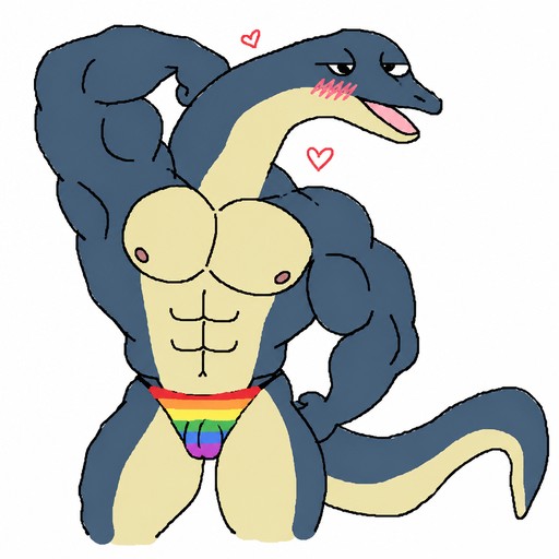 Cartoon blue and cream creature flexing, with rainbow clothing and hearts.