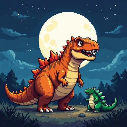 Un T-Rex fatto in pixel Art con una luna per il corpo è un mini godzilla vicino