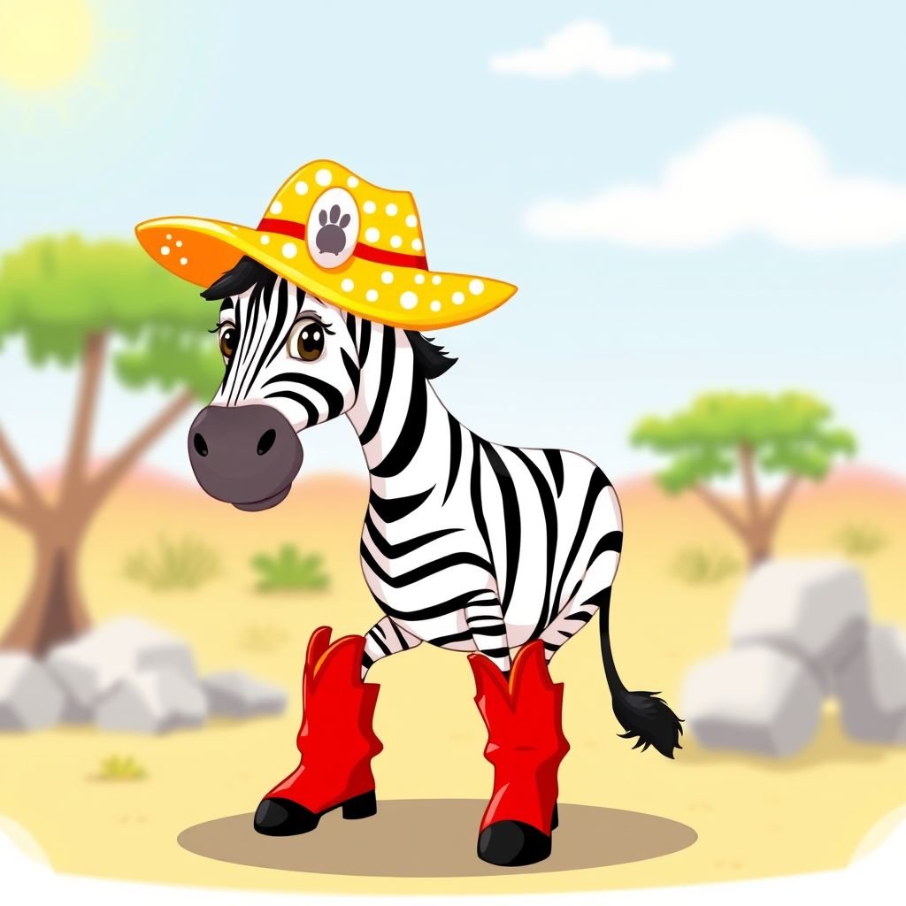 Zebra with big yellow hat and red boots