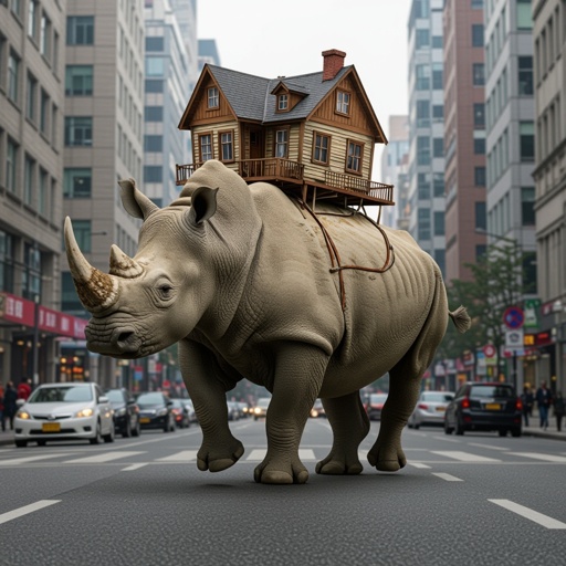 A rhino mixed with a house running in the city