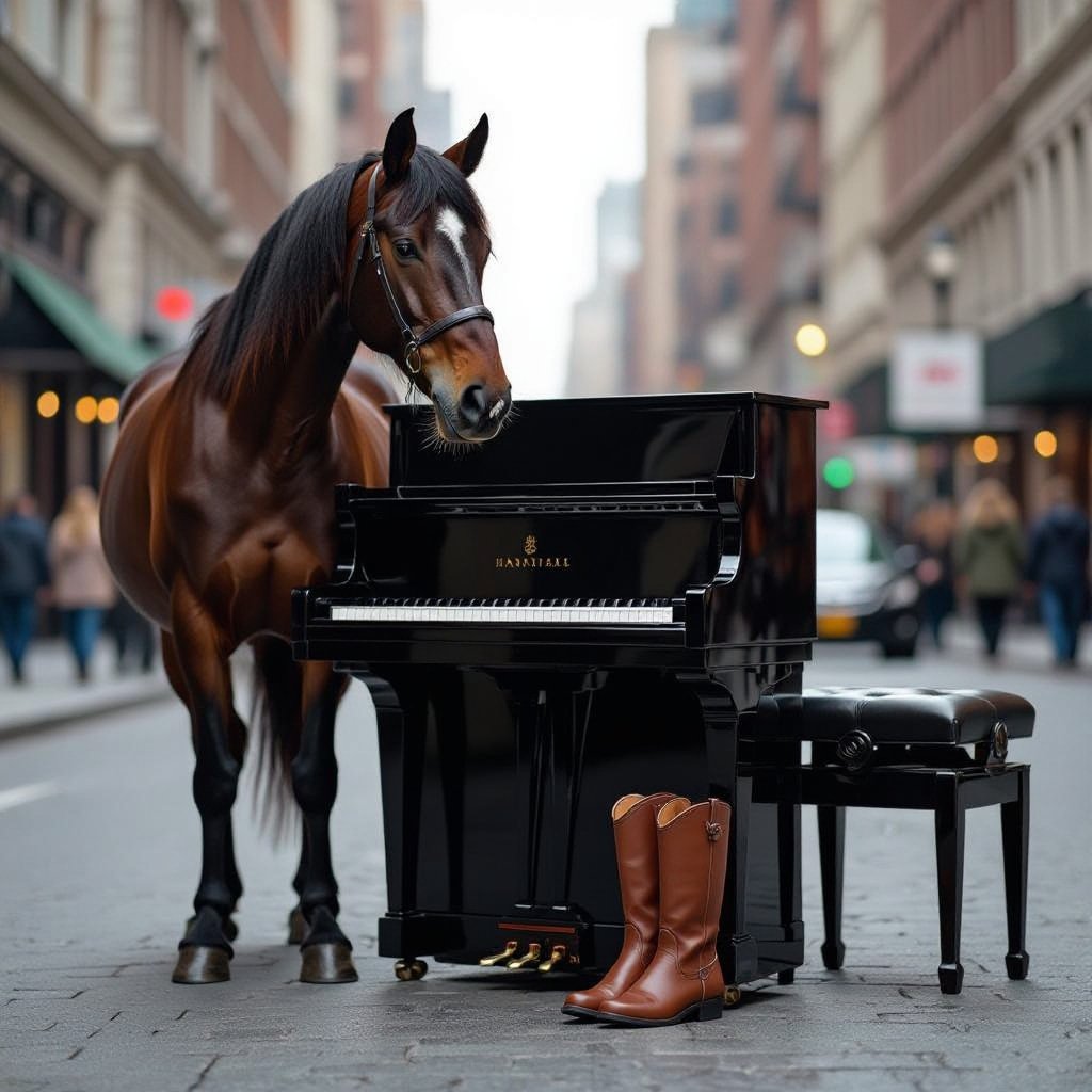 Horse with piano body wear 2 boots in city