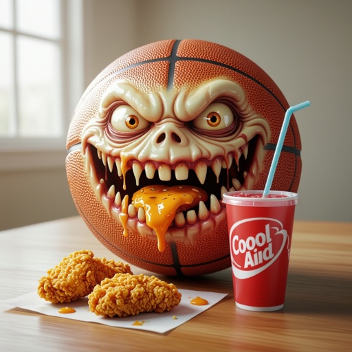 A basketball with a creepy face eating fried chiken and drinking cool aid