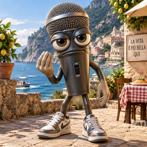 Cartoon microphone character waves beside a colorful seaside café setting