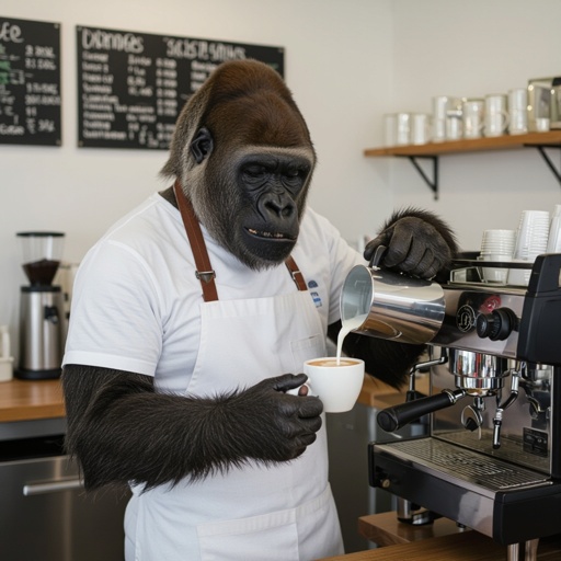 カフェの店員のゴリラがミルクコーヒーを注ぐ