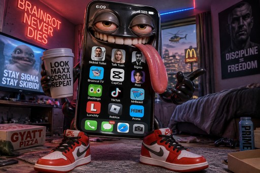 Surreal neon room with sneaker-clad figure holding a phone covered in app icons