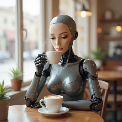 Um café com leite uma arma na mão humanoide