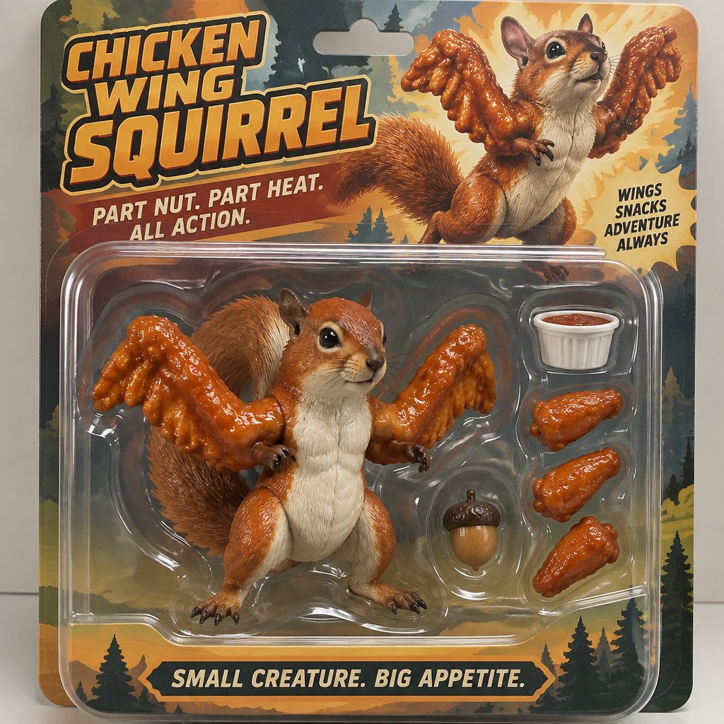 Cartoon squirrel-themed chicken nuggets poster in orange and green, with a squirrel mascot and food tray.