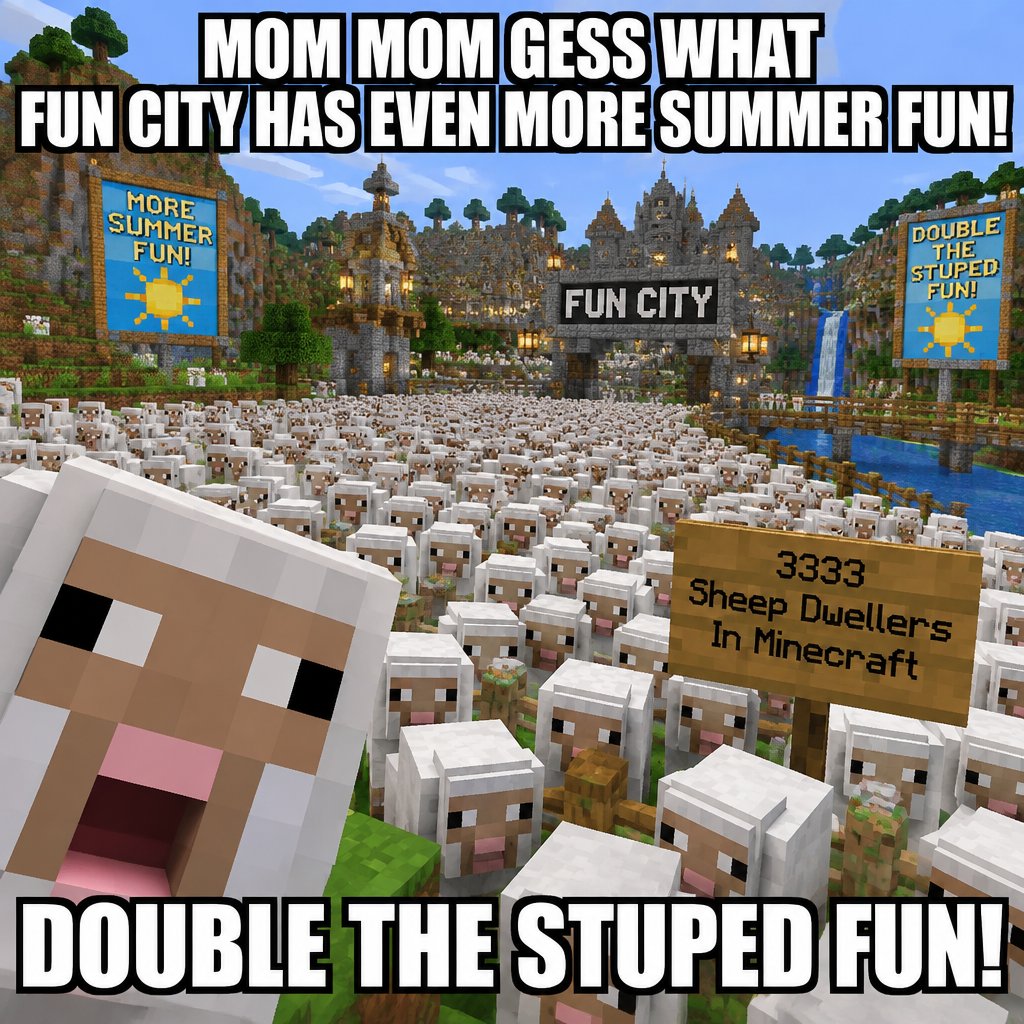 Pixelated Minecraft sheep fill a field with meme text and summer fun signs.