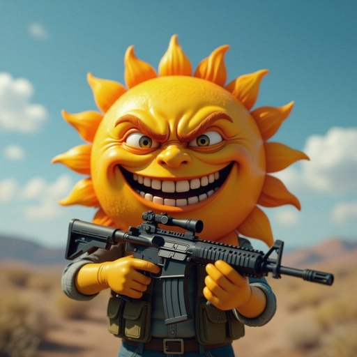 un sole con un sorriso malefico con un mitra
