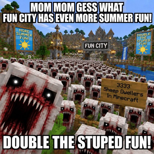 Pixelated Minecraft-style sheep crowding a fun city, with bold white meme text and blue summer signs.