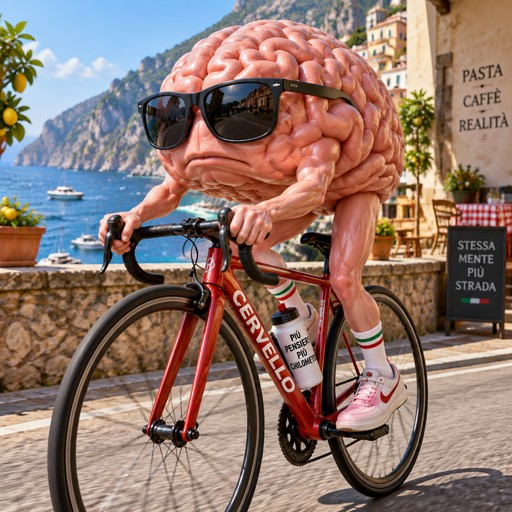 Cartoon brain wearing sunglasses rides a red bicycle along a sunny coastal street.