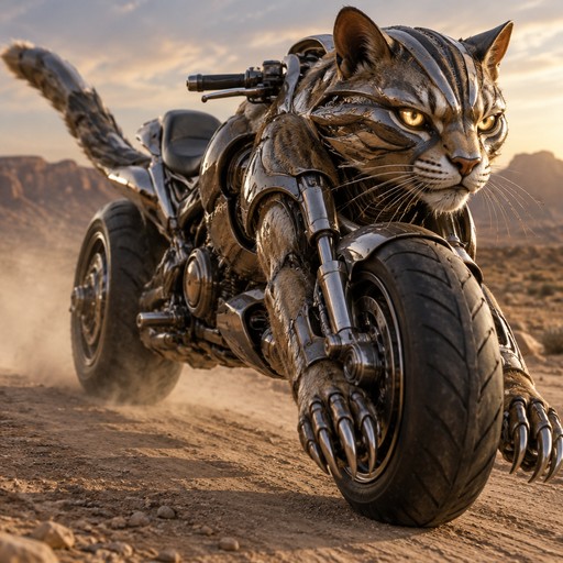 A robotic cat riding a motorcycle through a dusty mountain landscape