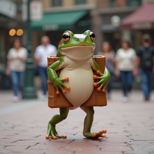 A frog that has a body as a book and walk around town 