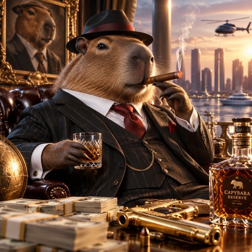 Suit-wearing capybara smokes a cigar in a golden office overlooking a cityscape, digital art.