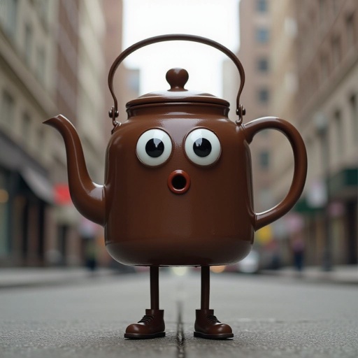 Brown kettle with 2 human leg 1 human hand 2 big eye 1 brown nose and mouth in city